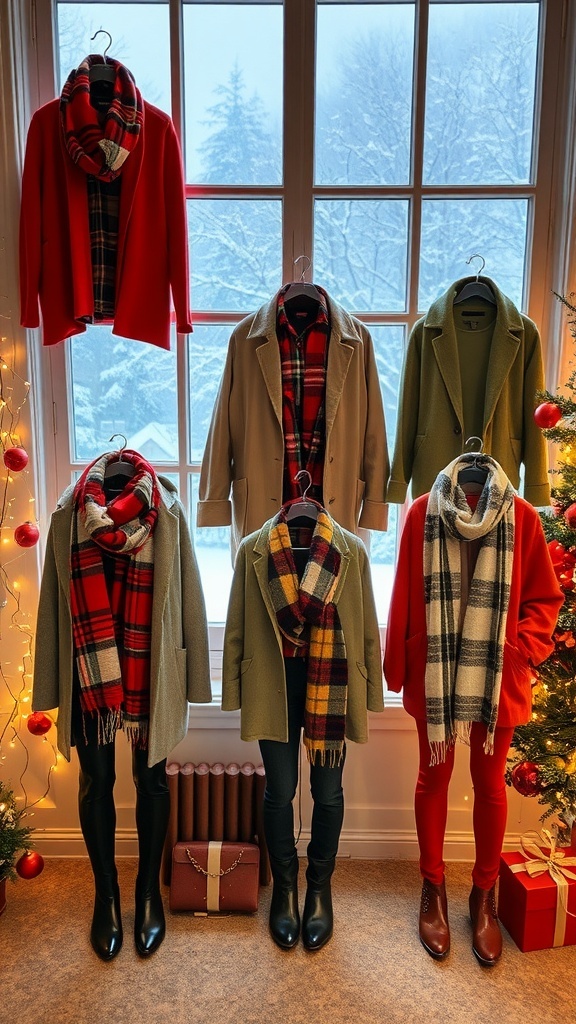 Stylish winter outfits for Christmas displayed with holiday decorations and a snowy backdrop.